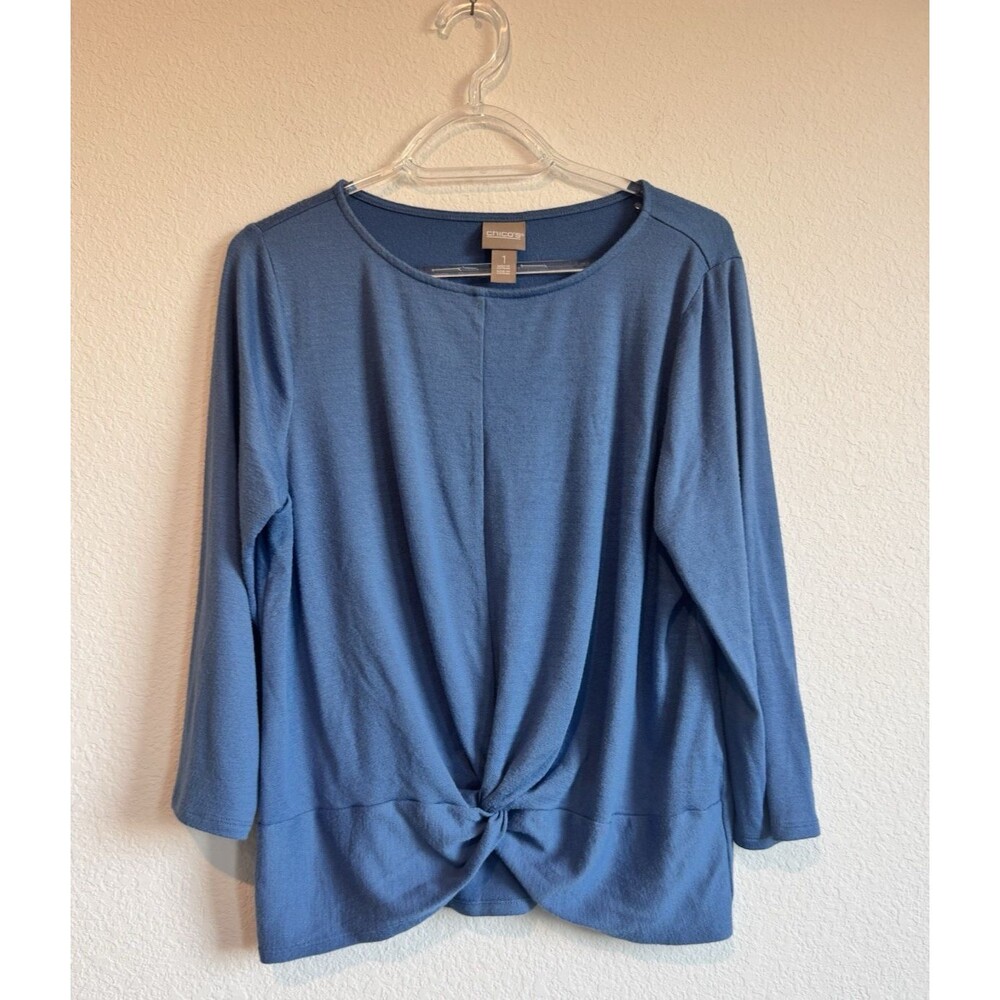 Chico's 1 Women's Blue 3/4 Sleeve Pullover Blouse Knot Front Hem Size Medium